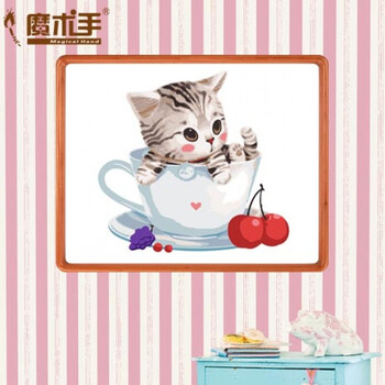 数字油画diy可爱茶杯猫儿童动漫手绘画客厅装饰画动物
