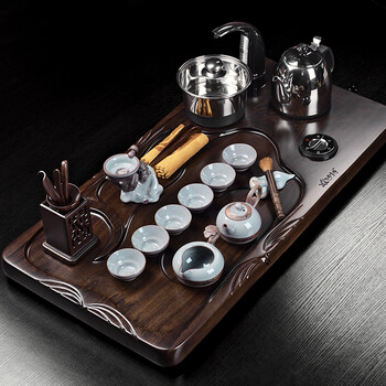
                                        尚言坊功夫茶具茶盘黑檀木实木茶海哥窑整套紫砂茶具套装四合一 黑檀新云涌全智能K2-黑紫砂大富11入+茶罐                