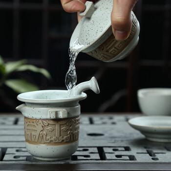 恒越 黑檀木乌金石茶盘整套柴烧粗陶紫砂冰裂汝窑功夫茶具套装四合一电热炉 款一白浮 乌金石/黑檀汉陶月雕盖碗龙骧虎步茶具套装