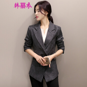 韩繤衣 2015新款韩版显瘦小西服修身中长款外套女双排扣七分袖 112 图片色 S