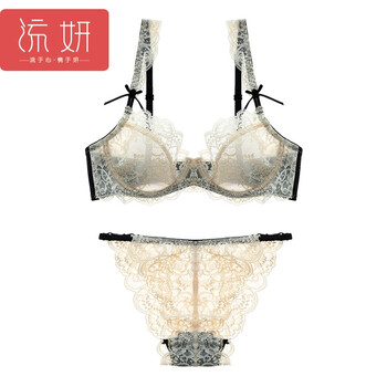 流妍欧美透明性感蕾丝文胸套装复古少女小胸内衣大胸显小 肤色 80d=