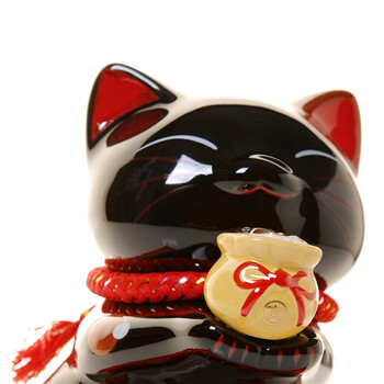 招财猫摆件 中号陶瓷黑色猫存钱罐储蓄罐 店铺开业办公室家居创意礼品节庆饰品 笑福猫