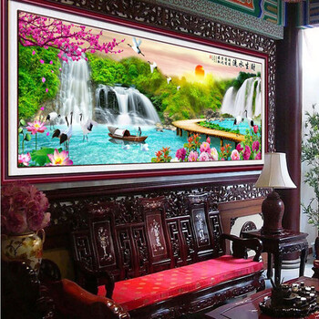3D十字绣100精准印花新款客厅系列山水画流水生财生财有道大幅风景大画 3D棉线印花185*73CM