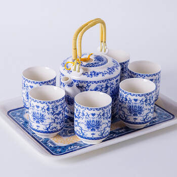 陶锦玉景德镇陶瓷茶具套装7头带提手青花描金功夫茶具大凉水壶茶壶茶杯送茶盘企业定制礼品 缠枝莲 定型包装