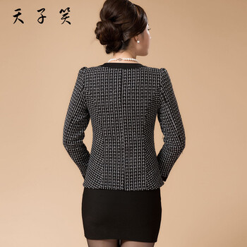 天子笑秋季新款圆领中老年女装千鸟格小西装修身上衣短外套女职业装 黑亮丝 3XL建议115-125斤合适