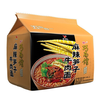 统一 巧面馆 方便面 麻辣笋子牛肉面 112g袋面*5袋 五连包