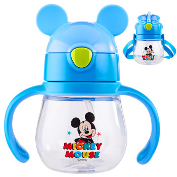 迪士尼（Disney）宝宝学饮杯吸管杯 儿童水杯子婴儿防漏背带手柄两用水壶 蓝色米奇330ml