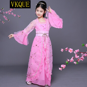 vkque 新款古风儿童古装女童汉服唐朝贵妃演出服仙女舞蹈古筝cos表演