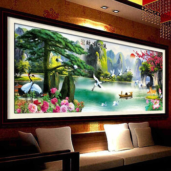 
                                                            十字绣客厅新款迎客松流水生财山水风景画 桂林山水印花满绣丝线棉线十字绣 4股线绣 丝线大版尺寸280X120 CM满绣                