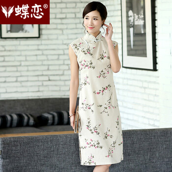 蝶恋 <em>原创</em>新品<em>民族风棉麻</em>手工扣中长款旗袍裙