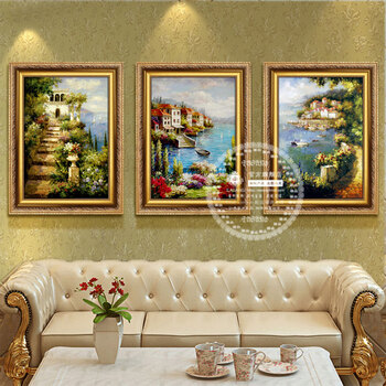 
                                        驿尚欧式田园纯手绘油画客厅沙发背景墙三联有框装饰画挂画风景壁画 豪华金框A款 加框长40cm*高60cm                