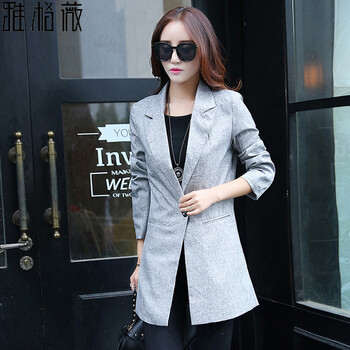 雅格薇2015秋装新款女装韩版中长款修身显瘦休闲小西服薄西装女外套1021# 灰色 S