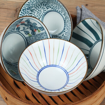 
                                        素珀 4.75英寸古朴釉下彩手绘青釉青花瓷日式和风餐具陶瓷饭碗 碗套装 米饭碗 4色4只装                