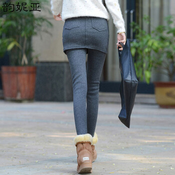 韵妮亚2015冬装新款外穿裙裤显瘦加厚加绒长裤假两件打底裤女6683 灰色 L