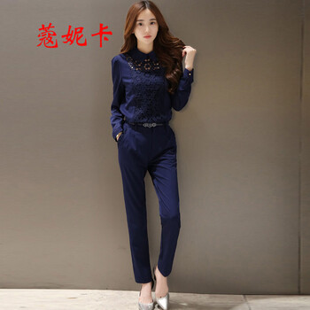 蔻妮卡2015早秋新款韩版时尚女装大码两件套职业修身显瘦上衣长裤套装 黑色 XL