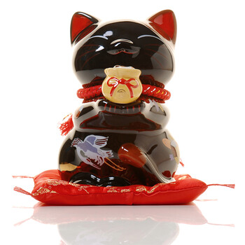 招财猫摆件 中号陶瓷黑色猫存钱罐储蓄罐 店铺开业办公室家居创意礼品节庆饰品 笑福猫