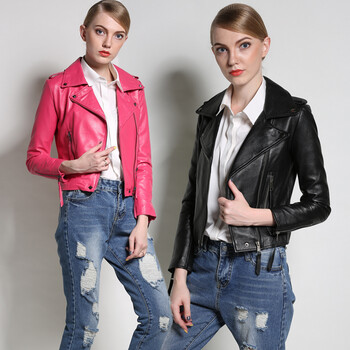 千钟粟2016新款春季外贸原单女装真皮皮衣女