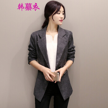 韩繤衣 2015新款韩版显瘦小西服修身中长款外套女双排扣七分袖 112 图片色 S