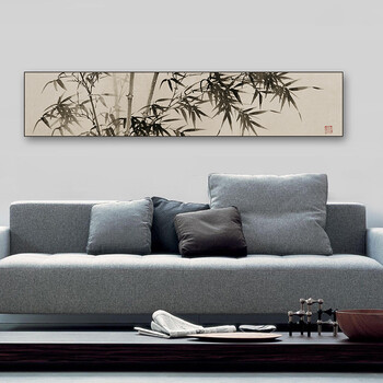 咪卜客厅装饰画卧室中式床头画 沙发背景墙卧室挂画水墨花卉 墨竹-黑色框 32*145cm