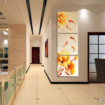 孖堡家居油画 客厅现代装饰画挂画壁画 荷花九鱼图竖版装饰画 无框画三联画一整套三件套 70cm*70cm*3副