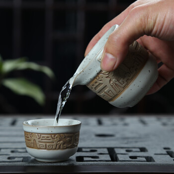 恒越 黑檀木乌金石茶盘整套柴烧粗陶紫砂冰裂汝窑功夫茶具套装四合一电热炉 款一白浮 乌金石/黑檀汉陶月雕盖碗龙骧虎步茶具套装