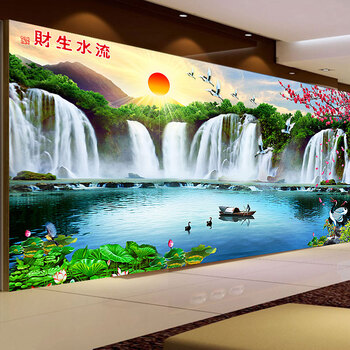 流水生财钻石画十字绣圆钻满钻3d客厅新款山水风景图画大幅砖石秀满砖钻石十字绣满绣印花水晶钻 水晶钻满钻 300*135cm