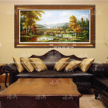 
                                        添画（TIANHUA） 添画 客厅风景山水手绘油画欧式风格沙发顶挂画装饰画 暗金画框 70*140CM                
