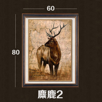 名帛家居进口装饰画欧式客厅美式乡村复古有框画麋鹿竖版玄关 麋鹿1 麋鹿2两幅一套 进口原版画芯实木外框