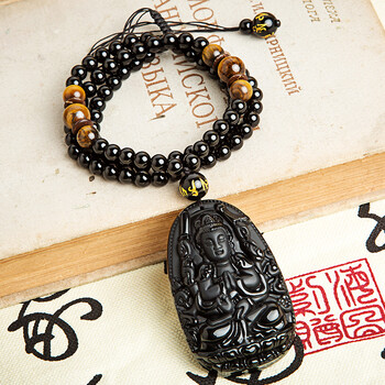 花田厝 黑曜石龙凤吊坠 男士项链 玛瑙佛牌挂坠