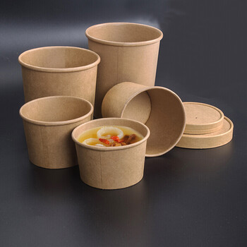 纸打包盒圆形汤碗一次性餐盒 外卖加厚纸碗带盖50个 12oz 100个含纸盖