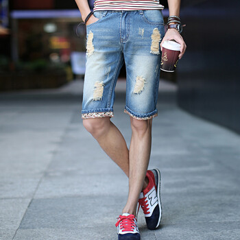 KJEANS夏季<em>男士</em>潮流 破洞<em>牛仔短裤 翻边</em>五分