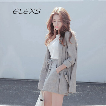 Elexs欧美范小西装套装/小西装外套+收腰绑带短裤棉麻西装套装女 灰色 XL