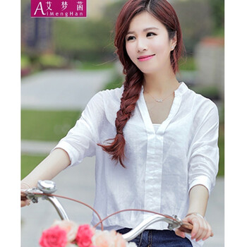 艾梦菡-2015 新款秋装棉麻蝙蝠袖衬衫女夏韩版