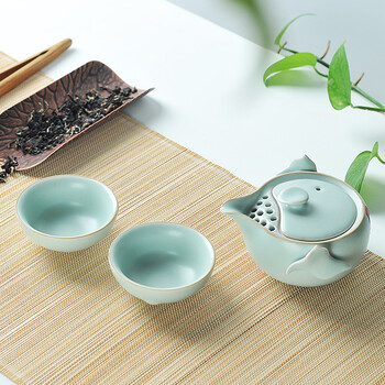 
                                        乐陶苑 陶瓷功夫茶具 哥窑汝窑快客杯 便携茶具 1壶2 礼盒装 整套茶具 天青 1壶2杯                