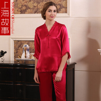 上海故事 真丝睡衣套装 玫瑰红 L