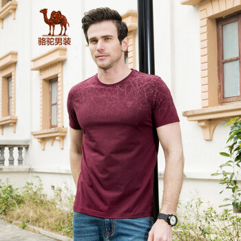 骆驼（CAMEL）男装 夏季时尚男士青年休闲舒适印花棉质圆领短袖T恤 暗红 XXL