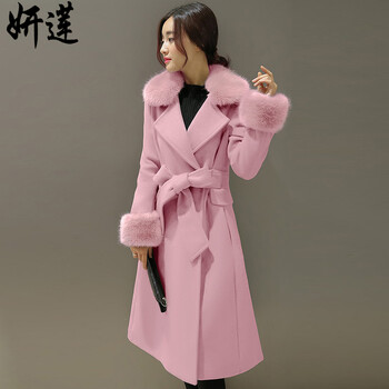 妍莲2015秋冬新款大码女装显瘦呢大衣 女中长款毛呢大衣外套女 Y135 粉色 XL