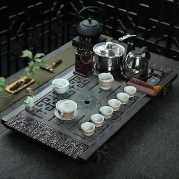 恒越 黑檀木乌金石茶盘整套柴烧粗陶紫砂冰裂汝窑功夫茶具套装四合一电热炉 款一白浮 乌金石/黑檀汉陶月雕盖碗龙骧虎步茶具套装