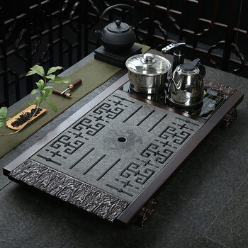 恒越 黑檀木乌金石茶盘整套柴烧粗陶紫砂冰裂汝窑功夫茶具套装四合一电热炉 款一白浮 乌金石/黑檀汉陶月雕盖碗龙骧虎步茶具套装