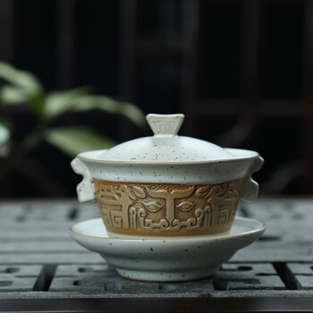 恒越 黑檀木乌金石茶盘整套柴烧粗陶紫砂冰裂汝窑功夫茶具套装四合一电热炉 款一白浮 乌金石/黑檀汉陶月雕盖碗龙骧虎步茶具套装