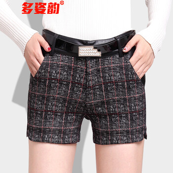 多姿韵 <em>格子短裤女</em>秋<em>冬装</em> 2015外穿拼皮修身靴