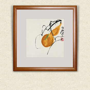 
                                        橙舍 客厅装饰画现代中式挂画版画有框玄关画餐厅装饰画花卉国画名家书画四联齐白石画春华秋实 古韵桃木-葫芦 装裱后高45*长45                