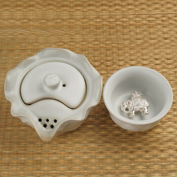 平水银瓷 蒂莲快客杯 一壶一杯汝窑开片陶瓷银