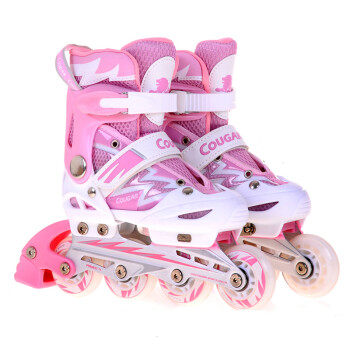 人可调直排轮滑鞋 儿童溜冰鞋套装 粉白鞋+单