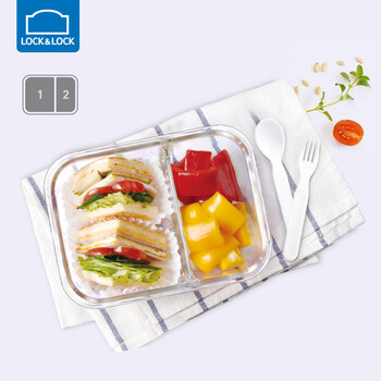 LOCK&LOCK 玻璃保鲜盒两分隔便当盒玻璃饭盒配叉勺餐具1020ml大容量LLG447CLG-CHS日用百货类商品-全利兔-实时优惠快报