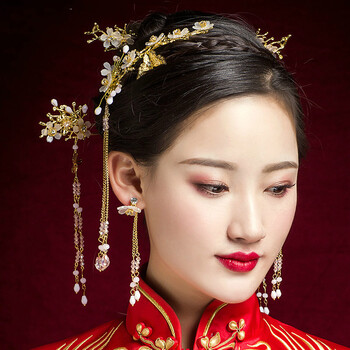 中式复古新娘头饰结婚金色中式古装凤冠流苏发簪古风秀禾礼服发饰