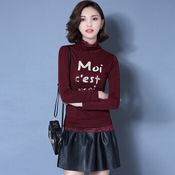 加绒大码网纱打底衫修身长袖T恤女外穿蕾丝短