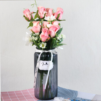 玻璃透明北欧玫瑰百合花瓶摆件客厅插花 灰调高25cm肉粉玫瑰仿真花束