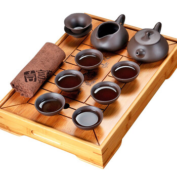 言艺 茶具套装 紫砂石瓢功夫茶具配竹制茶盘
