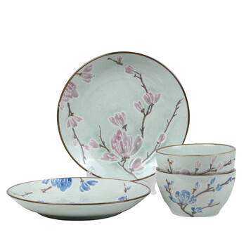 
                                        素珀 釉下彩手绘日式和风餐具芝麻釉陶瓷饭碗套装米饭碗盘碗盘碟碗碟套装盘子碟子情侣餐具套装 蓝1碗1盘+粉1碗1盘                